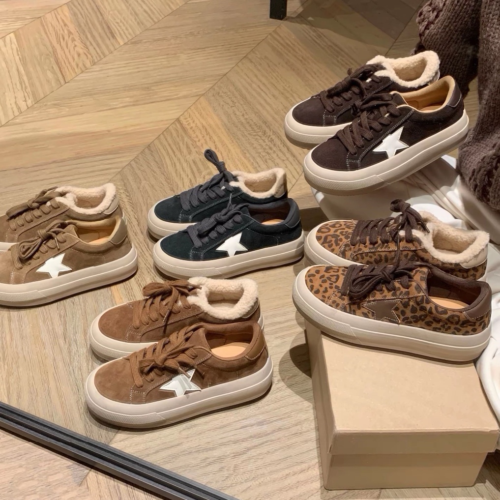 复古星星厚底德训鞋女灰色秋冬新款加绒百搭豹纹休闲板鞋阿甘棉鞋