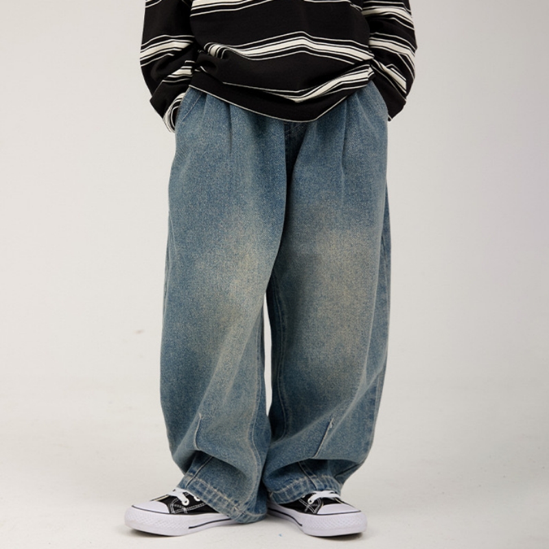 牛仔裤水洗做旧压褶裤脚裤子