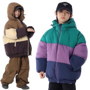 男童冬季日系拼色连帽棉服儿童宽松保暖防风加厚面包服棉衣外套潮