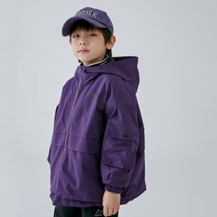 男童帅气连帽棉服 儿童秋冬深紫色工装防风夹棉冲锋衣外套棉袄潮