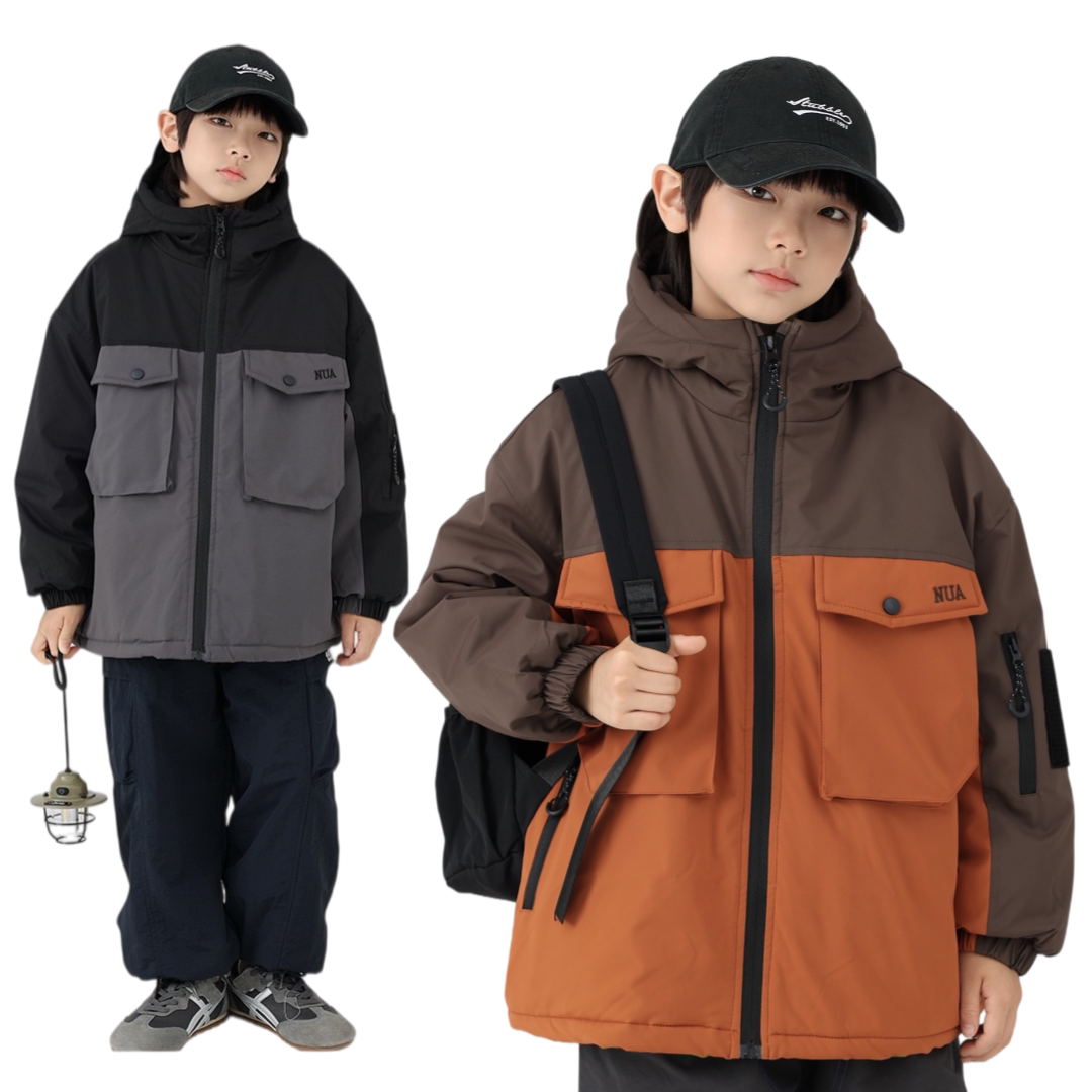男童冬季日系工装加绒连帽棉服潮