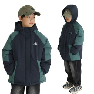 冬季男童日系加厚连帽棉衣山系户外露营风拼色夹棉冲锋衣外套棉袄