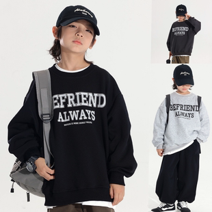 男童日系慵懒风字母印花圆领套头卫衣春秋新品百搭宽松灰黑色上衣