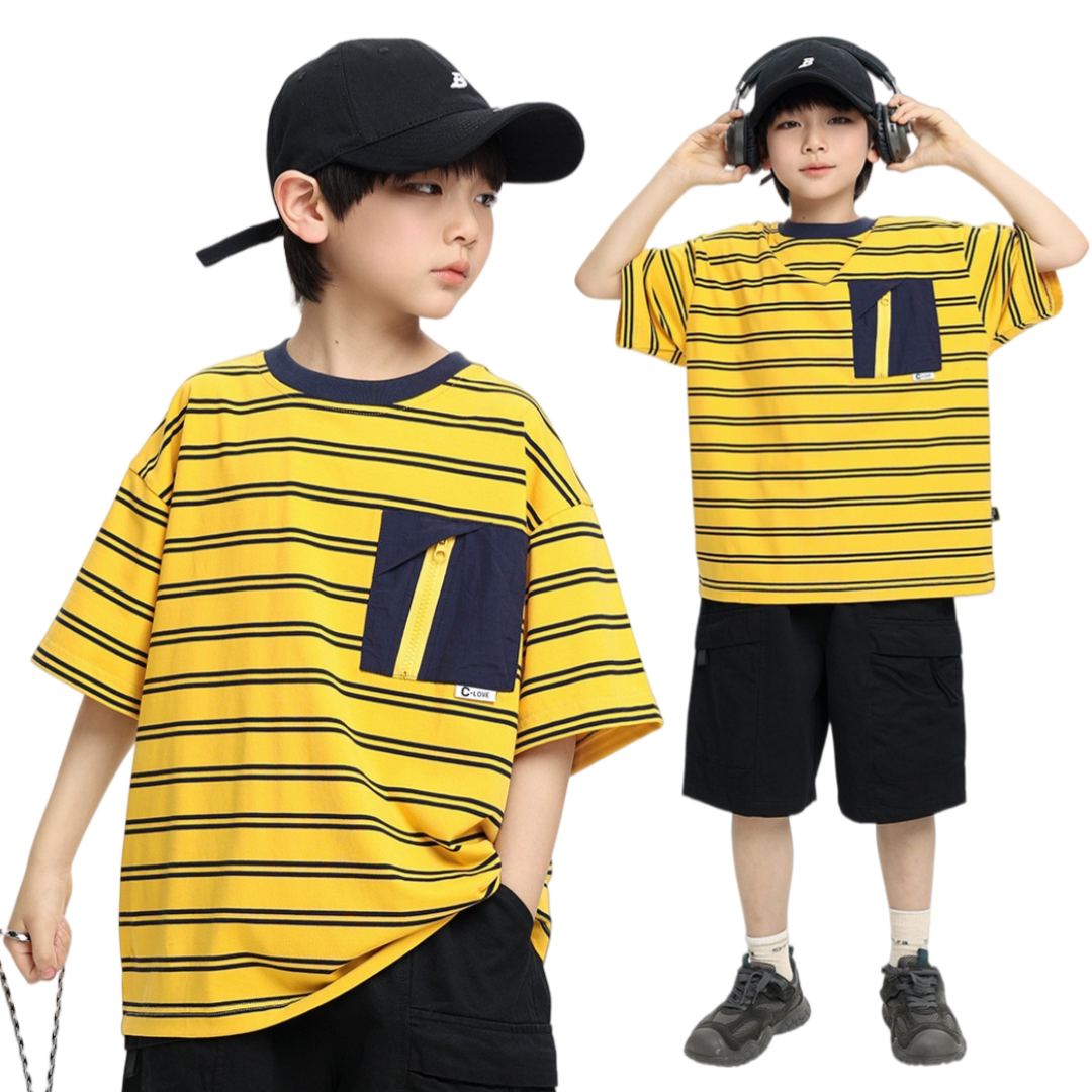 男童日系夏季拼色口袋条纹短袖T恤 中大童帅气圆领宽松半袖上衣潮