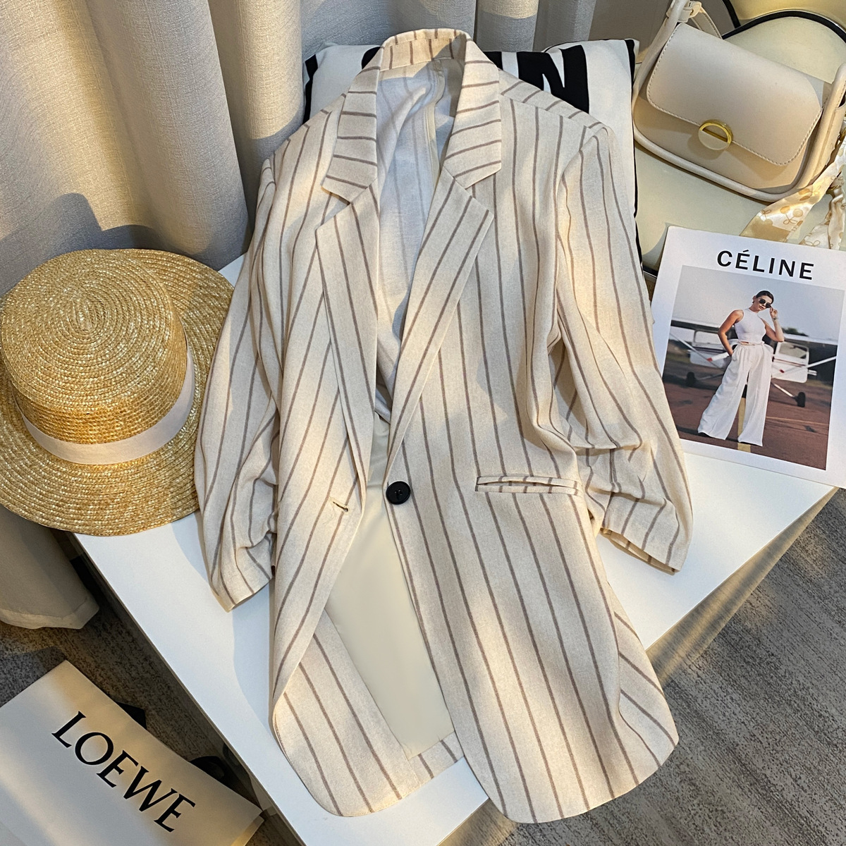 今年流行特惠2025夏季新品米色条纹西装外套女韩版气质高级感女神
