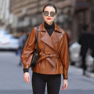 今年流行特惠2025春秋新款 系腰带绵羊皮单皮薄外套 真皮皮衣女短款
