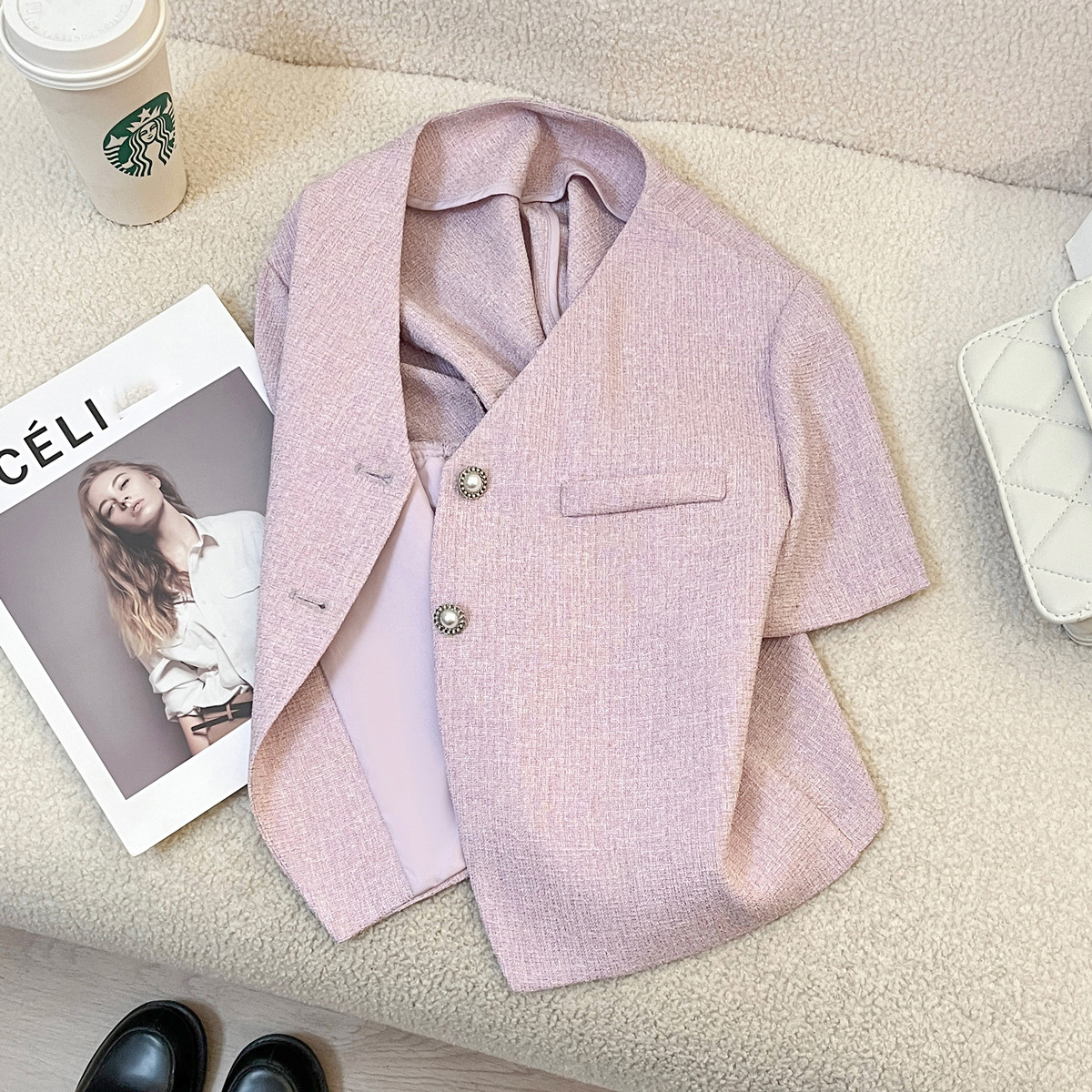 今年流行特惠浅紫色温柔百搭小香风短款西装外套女2024夏季新款