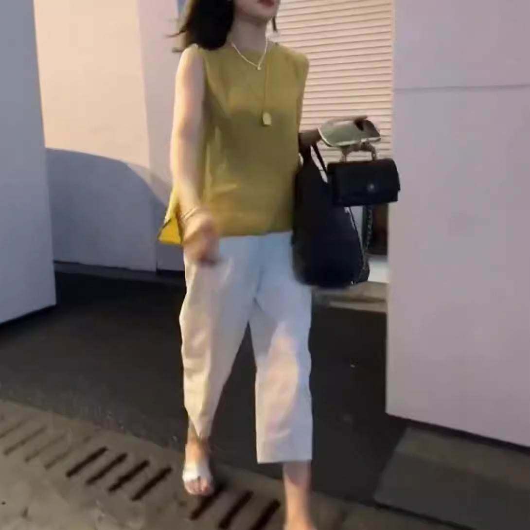 特惠品牌665022024夏季新款纯色无袖宽松上衣休闲白色九分裤女
