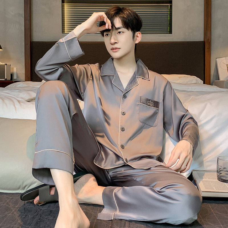 芬腾男士冰丝睡衣长袖春夏薄款家居服纯色简约风丝绸凉感套装外穿