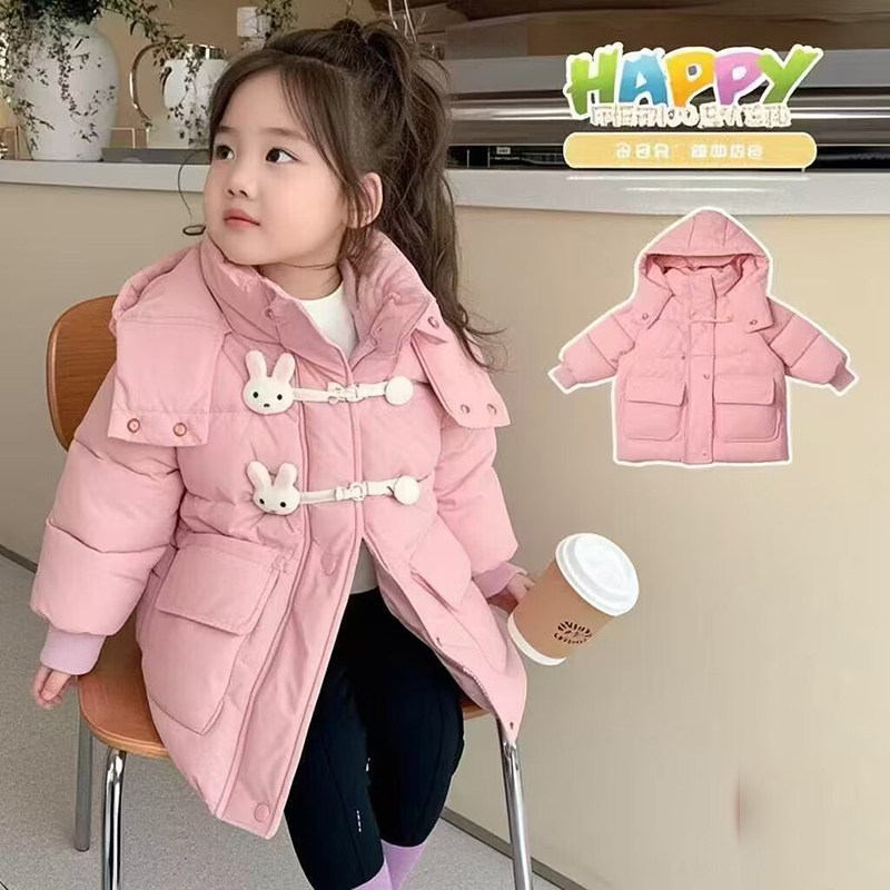 女童可爱兔子连帽棉服女孩宝宝中小童加绒加厚保暖棉袄中长款外套