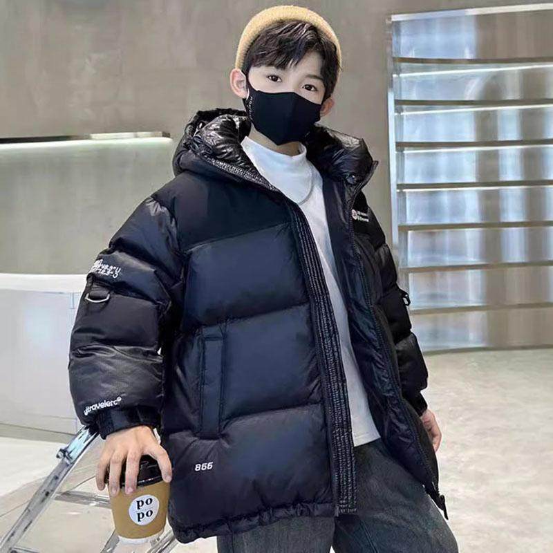 男童羽绒棉衣外套男孩洋气加厚黑色连帽棉服中大童冬装保暖棉袄潮