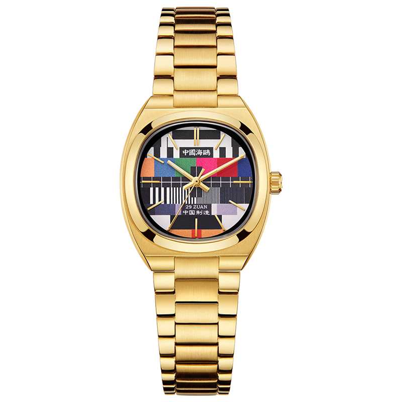 海鸥表复古电视机星期二金色钢带时尚男女同款自动机械腕表1051A