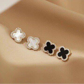 百搭时尚四叶草满钻耳钉女韩版气质贝母高级感耳环百搭超仙耳饰品