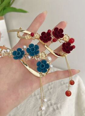 中国风红蓝色梅花扭扭一字发饰