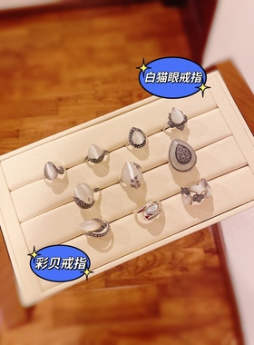 泰银白猫眼戒指925纯银复古钨钢钻天然彩贝戒指蝴蝶宽面食指戒