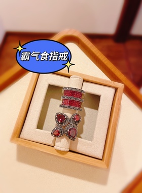 泰银霸气夸张食指戒925纯银复古马赛克石榴石戒指