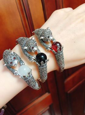 尼泊尔大码玛瑙霸气风纯银手镯