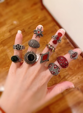 泰银戒指孤品系列绿玛瑙红玛瑙老银碧玺红色烤漆石榴石戒指