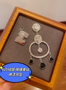 工厂清货925纯银亮面吊坠情侣款长款微镶黑胶毛衣坠中性Mtv