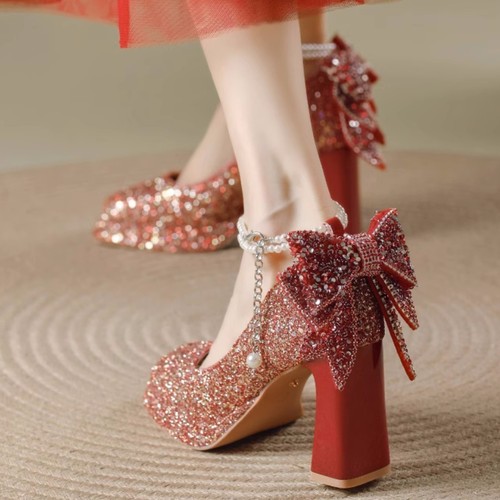 满钻红色新娘婚嫁鞋配敬酒秀禾服两穿高跟防水台玛丽珍蝴蝶结单鞋