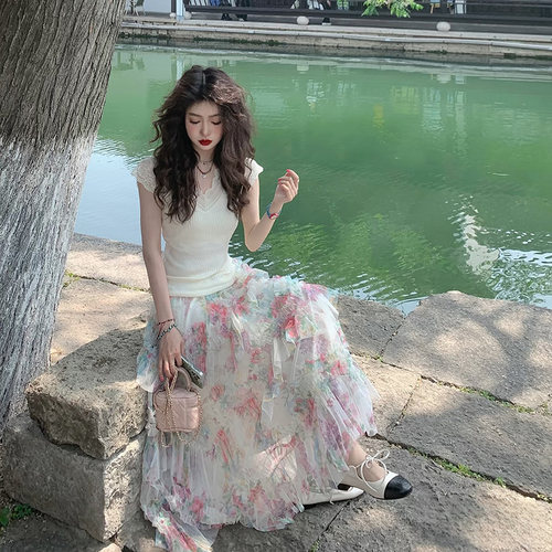 2025女夏季新款清爽百搭网纱半身裙长裙小个子花裙子法式蓬蓬裙