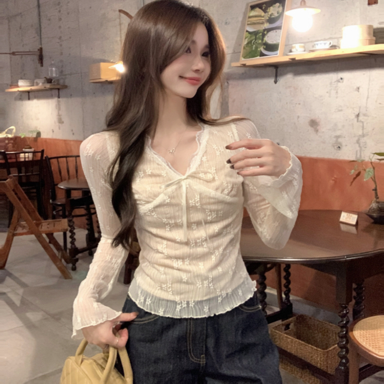 2025新款长袖T恤女蝴蝶结蕾丝纯欲修身显瘦打底衫女内搭上衣短款