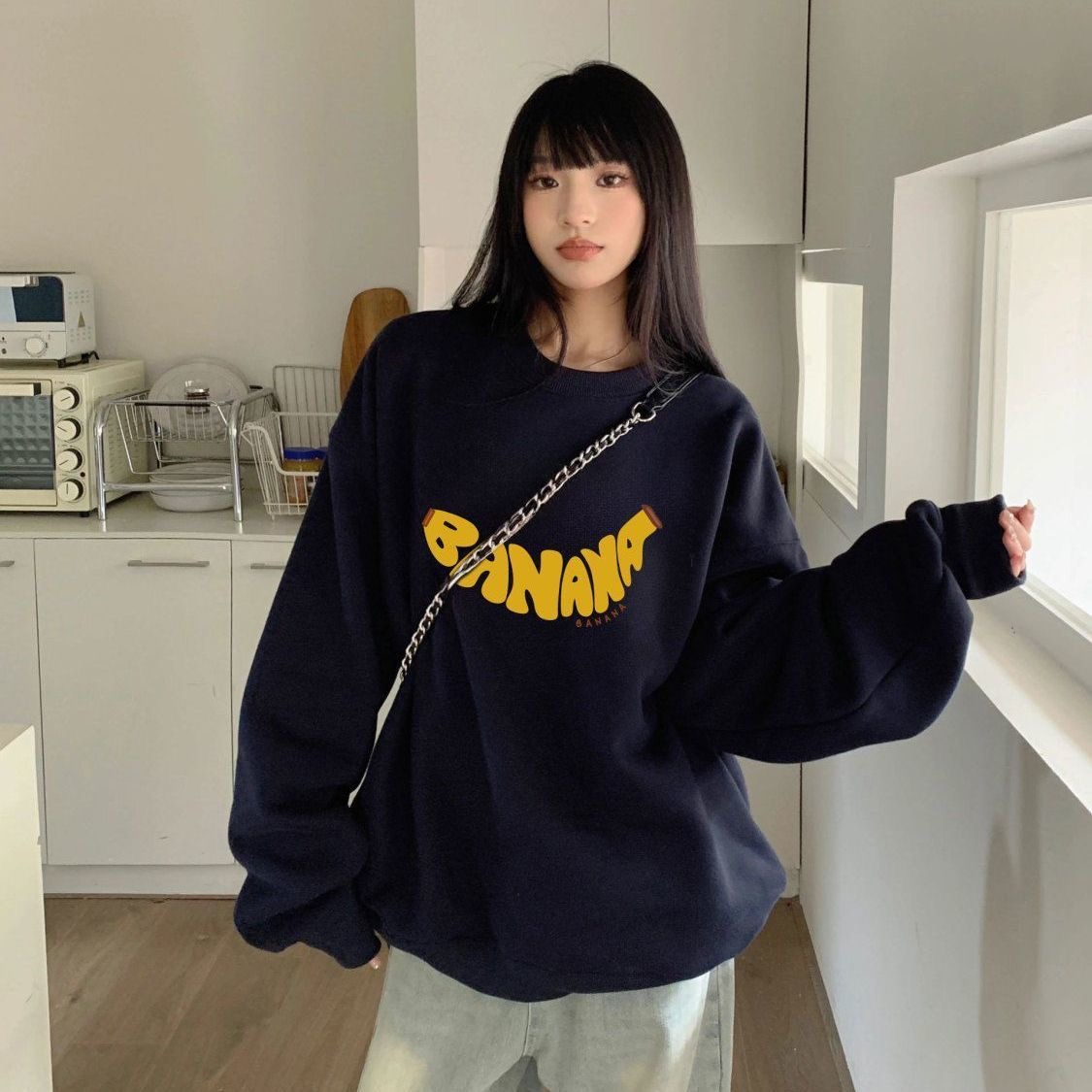 加绒卫衣女款无帽宽松慵懒风圆领2025新款上衣冬潮牌重磅纯棉长袖