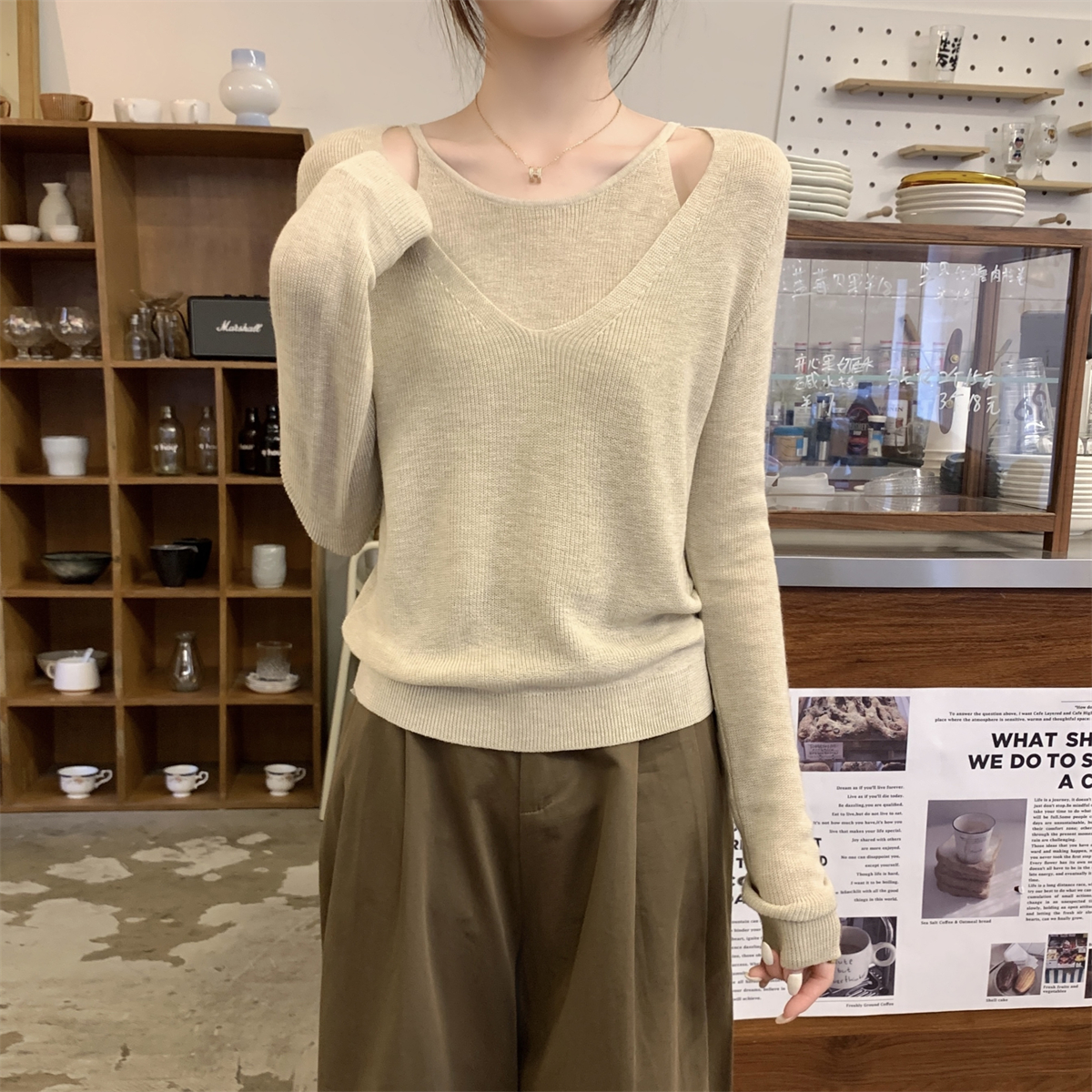 2025新款韩系假两件针织衫打底内搭女上衣秋冬露肩气质长袖羊毛衣