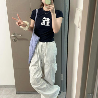 短袖女T恤夏修身显瘦设计感小众正肩纯棉上衣女高级感辣妹纯欲风