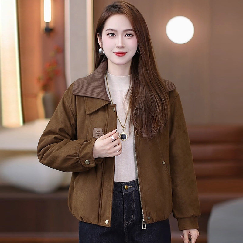 复古麂皮风翻领短外套女秋装宽松显瘦百搭保暖夹克休闲百搭上衣