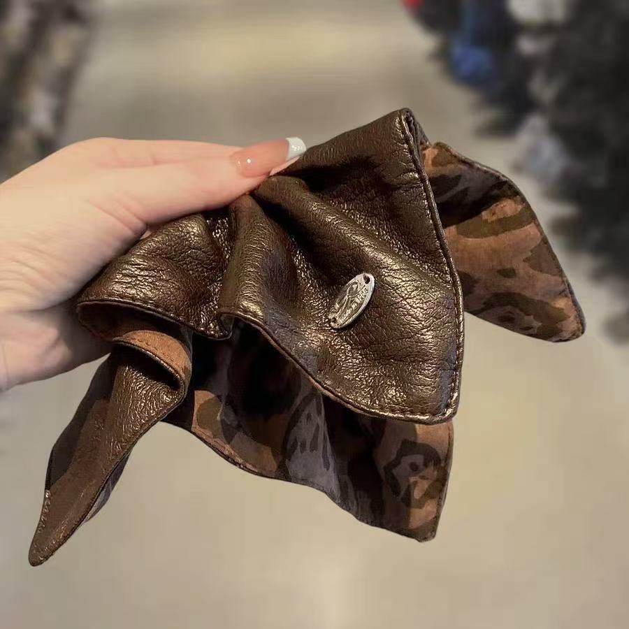 豹纹皮质双面方巾发圈高级感
