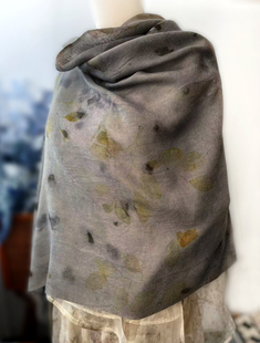 善本源 深灰黄 纯手工植物染草木叶拓染 秋冬羊毛 保暖围巾大披肩