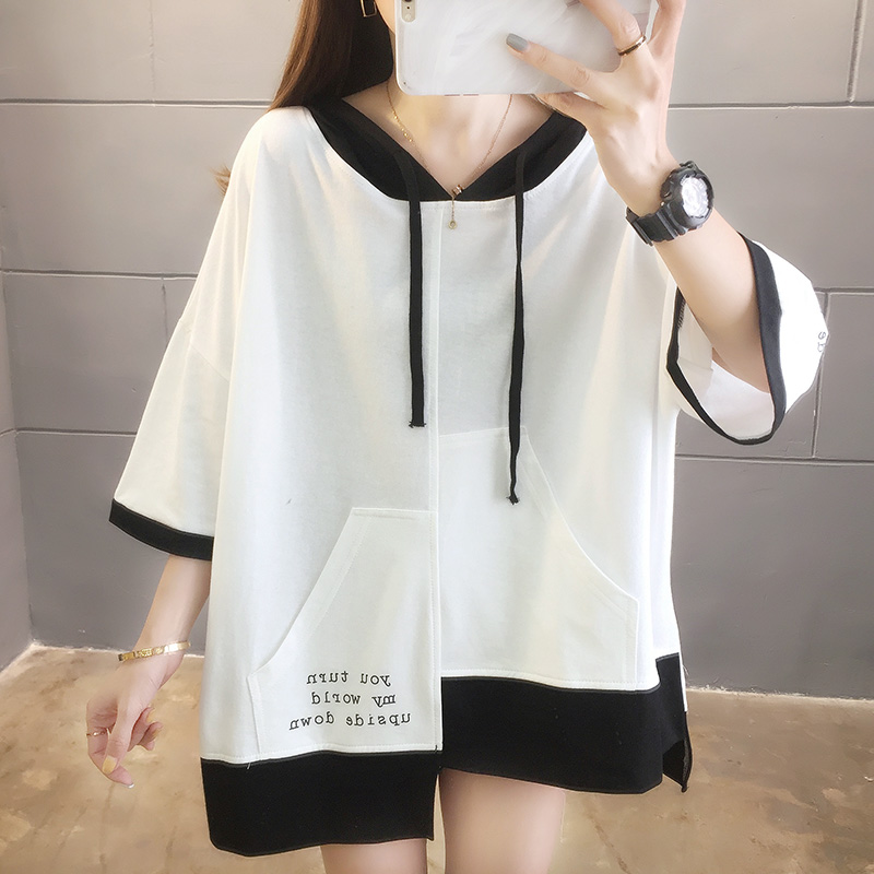 Summer loose hooded color matching cotton short sleeve sweater versatile Top Blouse