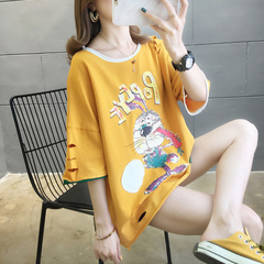 2021 summer cotton loose Large Print worn out color matching short sleeve round neck T-shirt