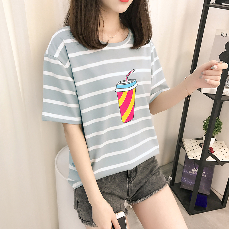Cotton spandex Summer Cotton letter printed black and white stripe short sleeve shirt