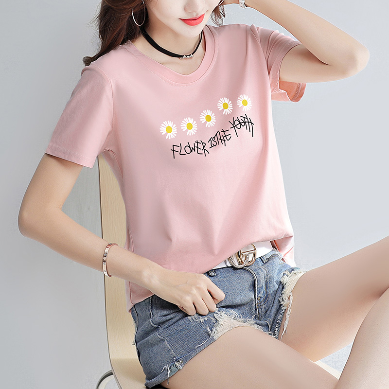 Cotton loose black and white daisy short sleeve T-shirt