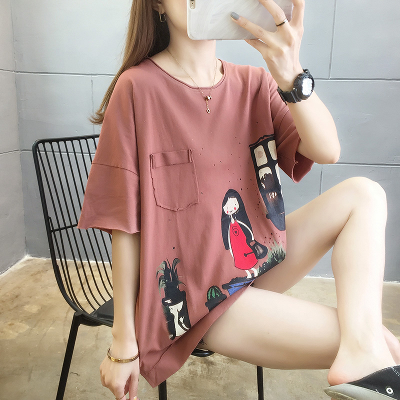 Real cotton summer new pure cotton stitching pocket round neck short sleeve T-shirt