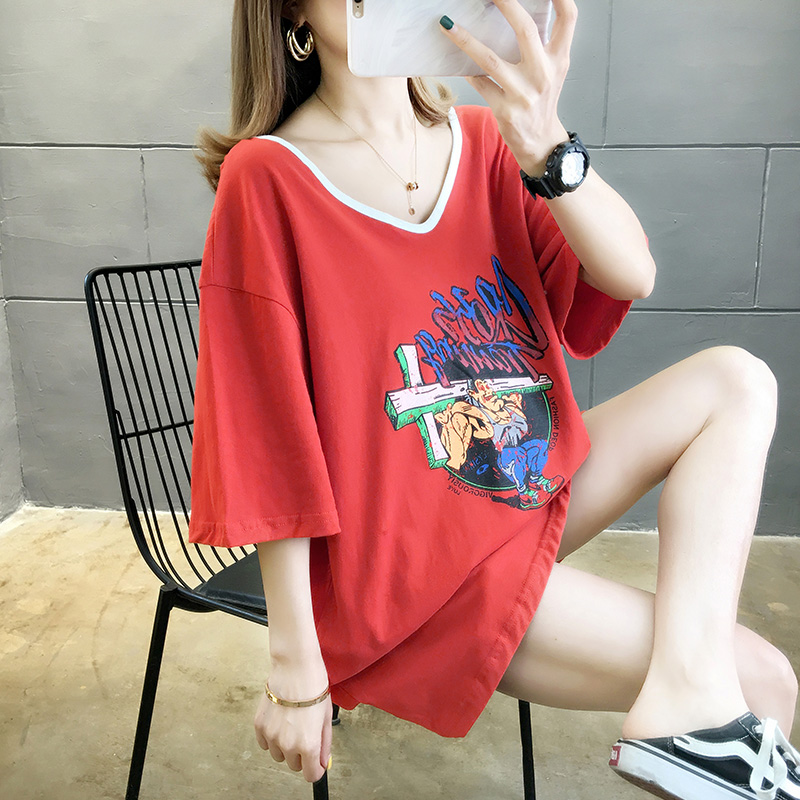 Real shot summer new collar hollow back medium length short sleeve T-shirt pull frame