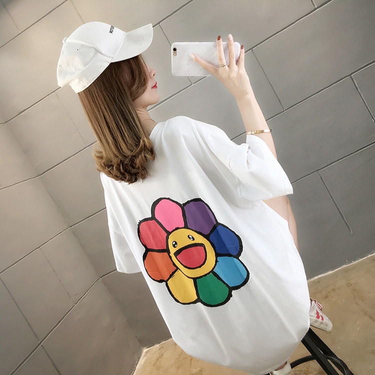 Summer new large size loose medium length collar short sleeve T-shirt women's pull frame