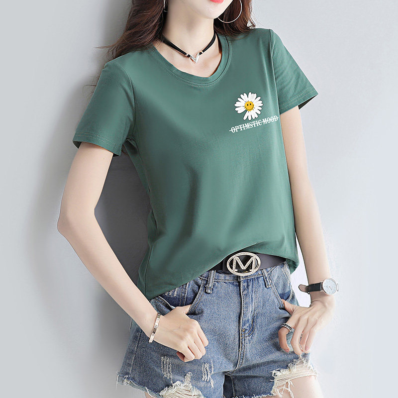 Cotton loose black and white daisy short sleeve T-shirt