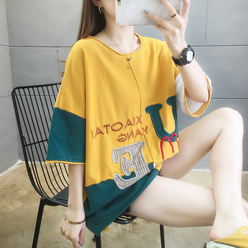 Summer new loose size embroidery letter color matching round neck short sleeve T-shirt