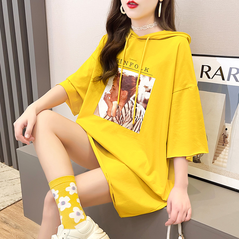 Cotton loose hooded medium long short sleeve sweater versatile top student T-shirt fashion