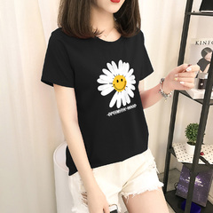 Spandex one color pure loose black and white small daisy short sleeve T-shirt girl