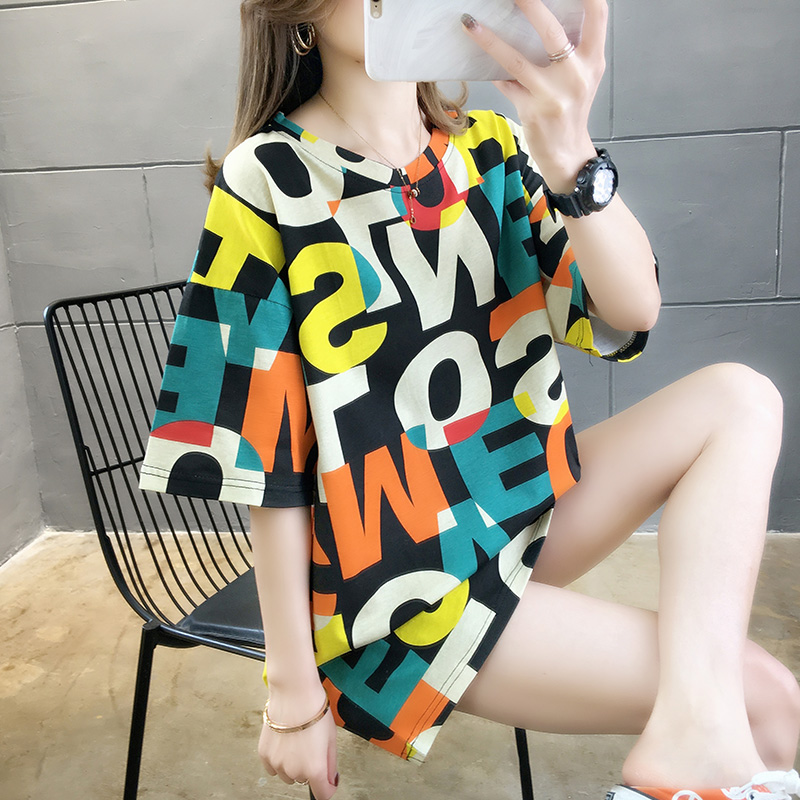 Real shooting summer new loose large round neck medium length short sleeve T-shirt pull frame