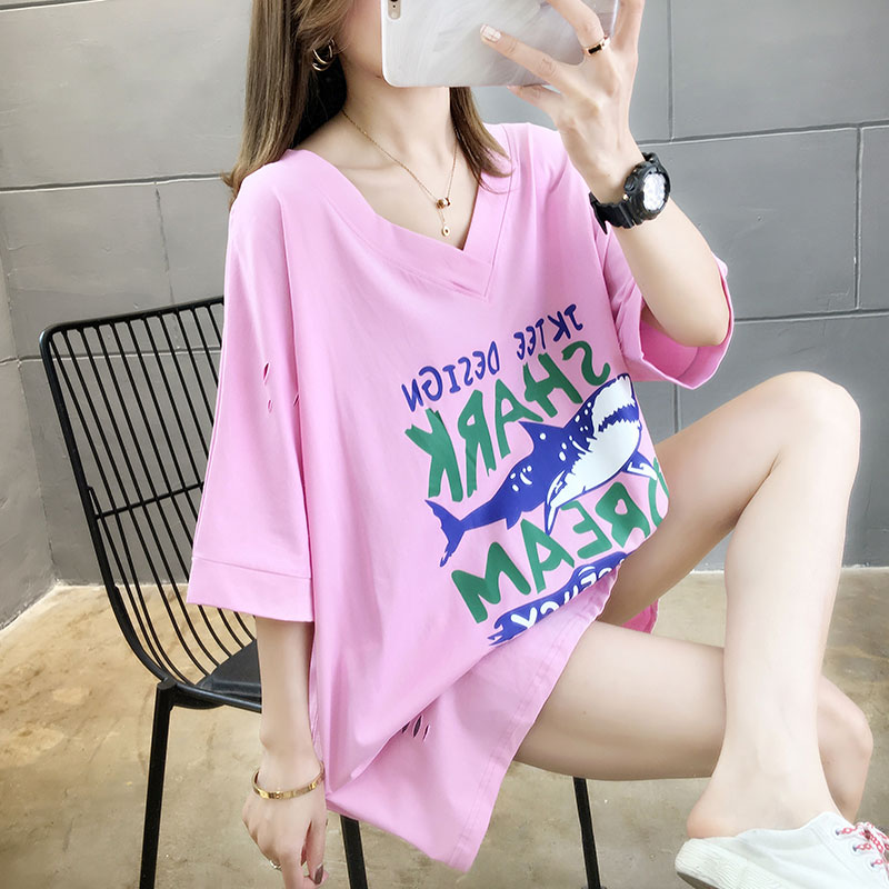 Real shot cotton summer cotton loose large size hole in the long neck short sleeve shirt