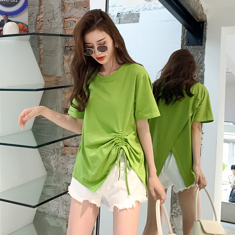 Real shot small video net red loose irregular drawstring design feeling shows thin foreign style top cotton