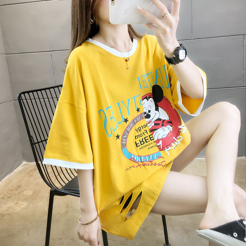 Real shot cotton summer pure cotton large size color matching long short sleeve T-shirt