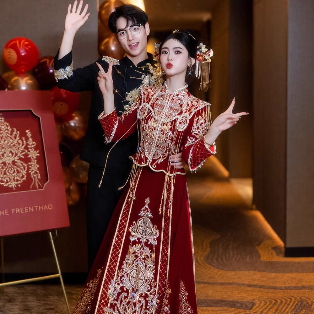 丝绒秀禾服2025新款新娘结婚嫁衣新中式婚服婚礼敬酒服女重工秀和