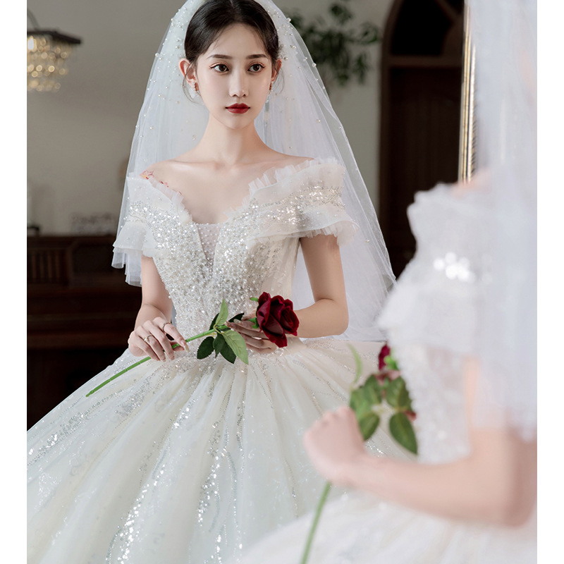 一字肩主婚纱2025新款新娘复古星空奢华重工高级大码孕妇拖尾夏季