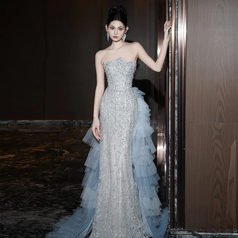 气质女王晚礼服裙女年会奢华名媛宴会钉珠重工蓝色鱼尾新娘敬酒